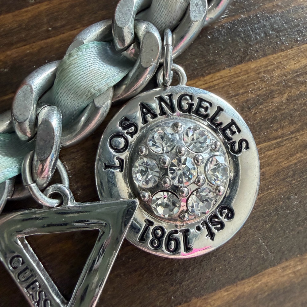 Guess Silver Tone Necklace with Chunky Charm Pendants and Chain with Ribbon 16” - Picture 5 of 12